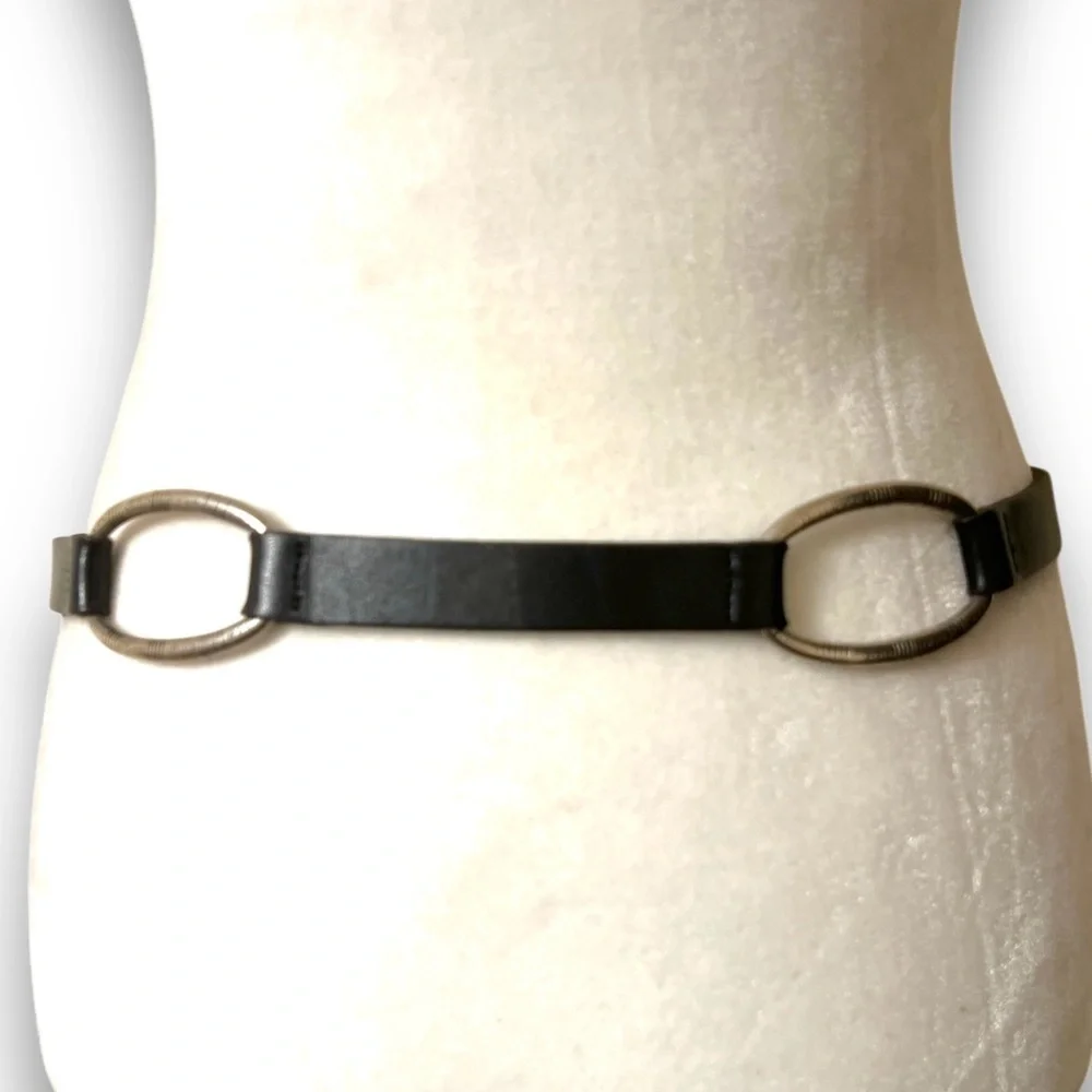 albatros belt black leather silver toned buckle & rings made in Italy EUC - Picture 2 of 6